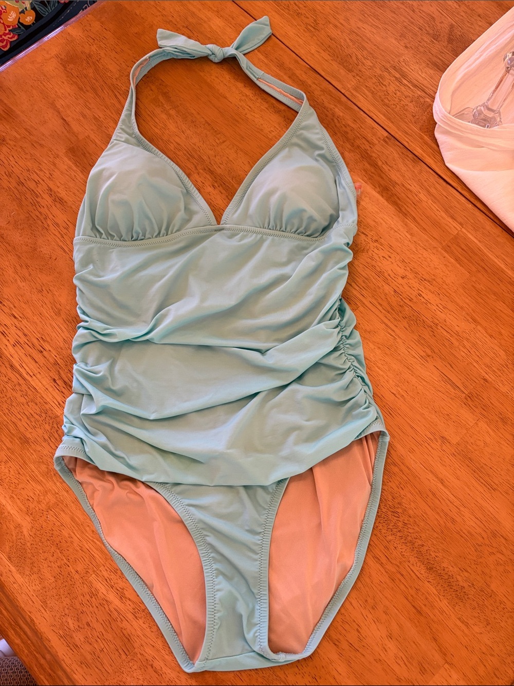 Tie-Halter One-Piece Swimsuit in Light Aqua with Ruching - Picture 2 of 7